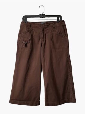 French Cuff Pants Women's Size 10 Brown Cropped Wide Leg Cotton Stretch Lace Up